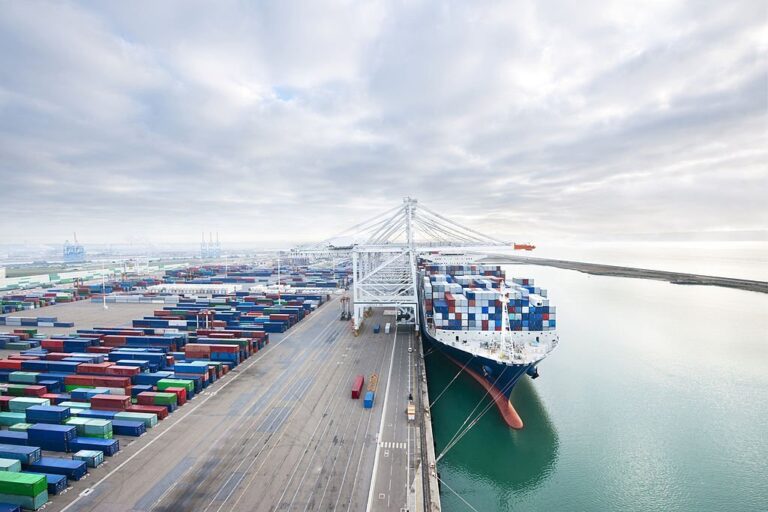 Containers ship in Havre port, aerial view